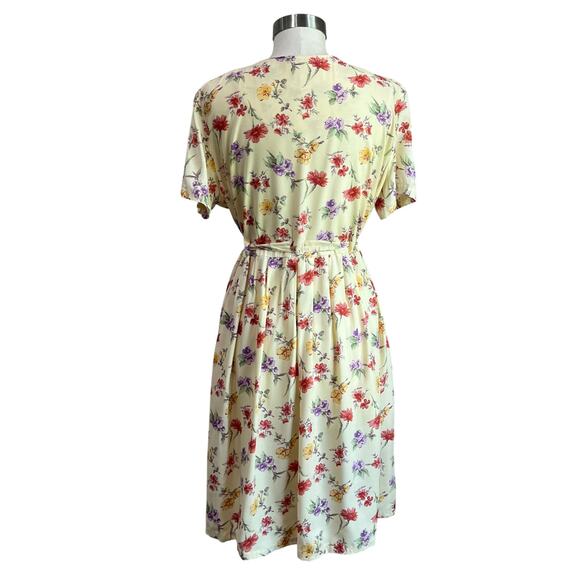 Vintage Karin Stevens Butter Yellow Floral Waist Tie A Line Dress Size 12 - Picture 3 of 7